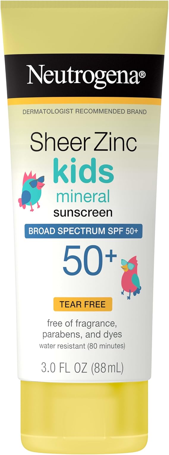 Neutrogena Sheer Zinc Oxide Kids Mineral Sunscreen Lotion, Broad Spectrum SPF 50+ with UVA/UVB Protection, Water-Resistant for 80 Minutes, Paraben-, Dye-, Fragrance- & Tear Free, 3 fl. oz