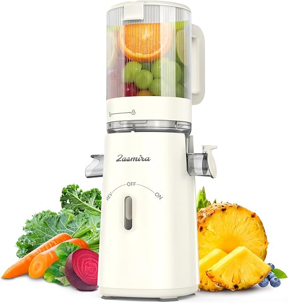 Zasmira Slow Juicer with High Torque and 120 mm Filling Channel No Pre-Cutting Juicer for Vegetables and Fruits 99.6% Juice Purity 1.5 L REV Mode Easier to Clean