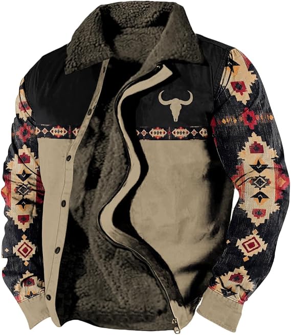 DMOYALA Western Shirt Jackets for Men Aztec Cowboy Jacket Ethnic Aztec Print Fleece Sherpa Jacket Western Warm Winter Coats