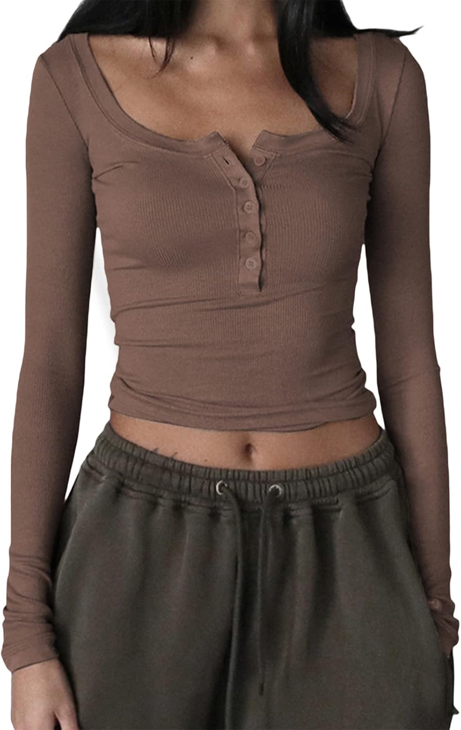 Y2k Long Sleeve Crop Tops Women Girls Ribbed Knit Solid Basic T Shirts Round Neck Sexy Fitted Under Layer Tees