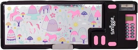 Unicorn Kids Pencil Case (Black Mix) with Vibin' Pop Out Pink Calculator and Sharpener