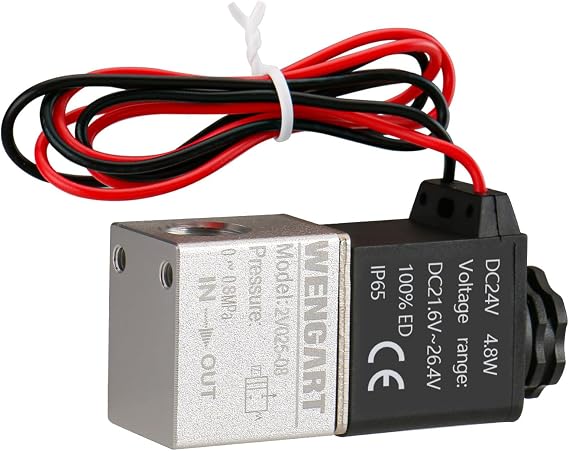 Wengart 2-Way 2-Position Pneumatic Solenoid Valve for DIYers & Engineers to Prevent Low-Pressure Leaks via DC 24V Coil, Nickel-Plated Copper Body & 6mm Fitting Kit