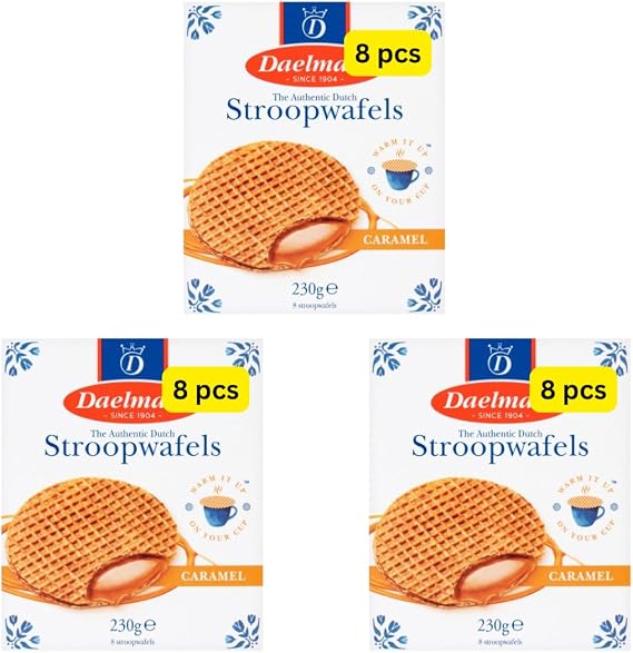 Dutch Stroopwafels with Caramel Filling, 225g Pack of 3, 24 Wafels Total (3x225g (3 Packs of 8))