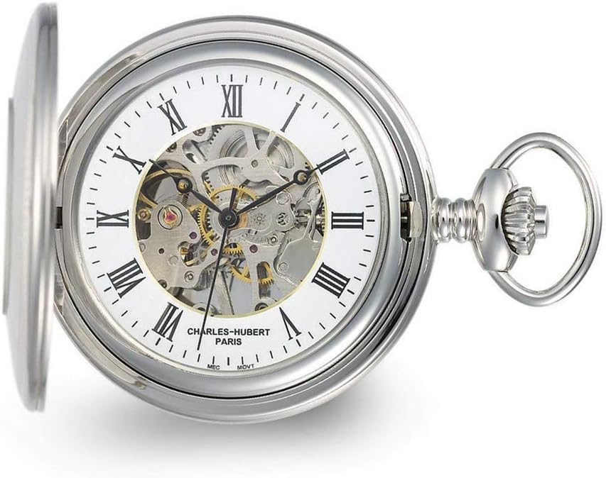 Sonia Jewels Charles Hubert Stainless Hunter Case Shield Skeleton Pocket Watch 14.5 Width = 5mm