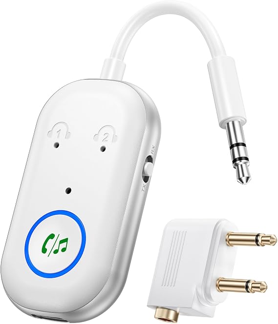 Bluetooth Transmitter Receiver, Aux Wireless Adapter Bluetooth 5.3, 2-in-1 Transmitter for TV, Airplane, Home Stereo, Speakers, Headphone, Car, 3.5mm Jack Dual Connection （White）