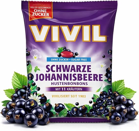 Vivil Fruity Cough Drops Blackcurrant, with 11 Different Herbs, Sugar and Lactose-Free, 120g / 4,23 Oz
