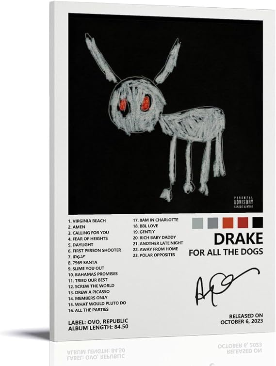 Drake Poster For All The Dogs Album Cover Poster for Bedroom Aesthetic Canvas Art Wall Decor 24x36inch(60x90cm), Frame-style-4