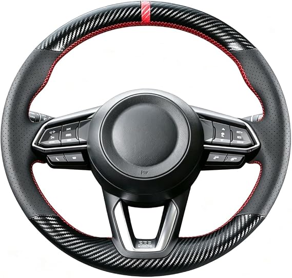 DIY Steering Wheel Cover Custom Fit for 2017 2018 Mazda 3 / 2017-2020 Mazda CX-5 Mazda 6 / 2016-2020 CX-9 / 2018 2019 2020 CX-3 15 inches Black Leather Carbon Fiber Interior Accessories