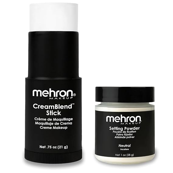 Mehron CreamBlend Stick White 0.75 oz & Setting Powder Neutral 1 oz | Professional Face & Body Makeup for Halloween, Stage & Film
