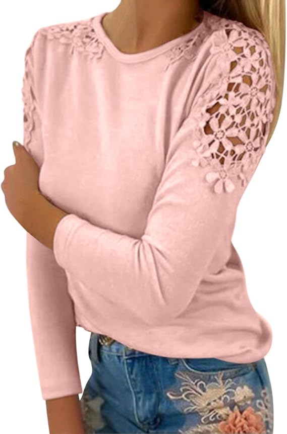 Generic Fall Shirts for Women 2024 Trendy Crew Neck Long Sleeves Blouses Tops Dressy Casual Lace Floral Shoulder Basic Shirt