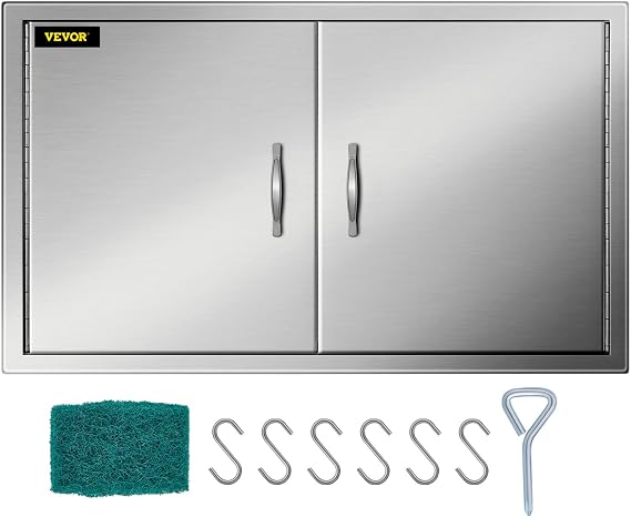 VEVOR BBQ Access Door, 39W x 26H Inch Double Outdoor Kitchen Door, Stainless Steel Flush Mount Door, Wall Vertical Door with Handles and Hooks, for BBQ Island, Grilling Station, Outside Cabinet