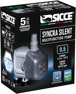 SICCE Syncra Silent 0.5 Multifunction 185 GPH Submersible Water Pump | Italian Made 8W Ultra Quiet Durable for Aquarium Fish Tank, Fountain, Pond, Hydroponics, Terrarium Black | Freshwater & Saltwater