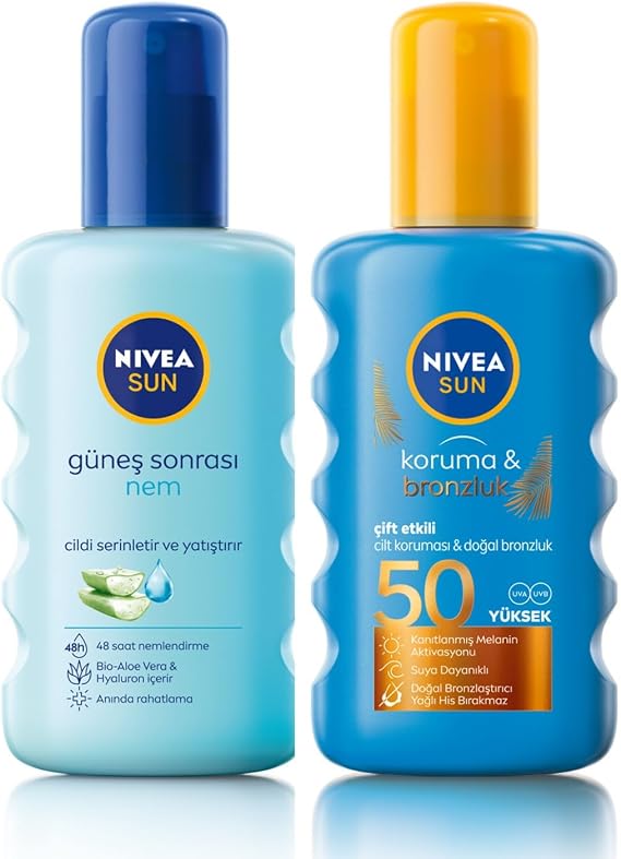 NIVEA Sun SPF50 Koruma&Bronzluk Güneş Spreyi Doğal Pro-Melanin Özleri ile Doğal Bronzluk, 200 ml ve Nivea Sun Güneş Sonrası Nem Spreyi 200 Ml