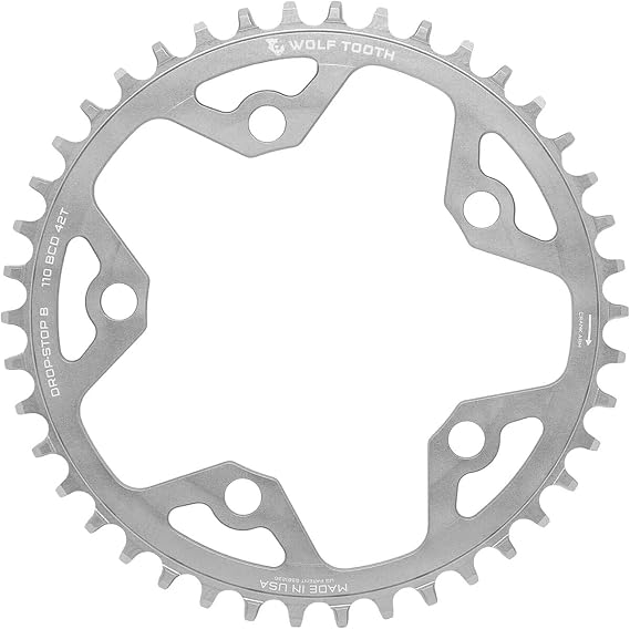 Wolf Tooth 110 BCD 5 Bolt Chainring 38T Drop-Stop B Raw Silver for Gravel/Commute/Road Bikes