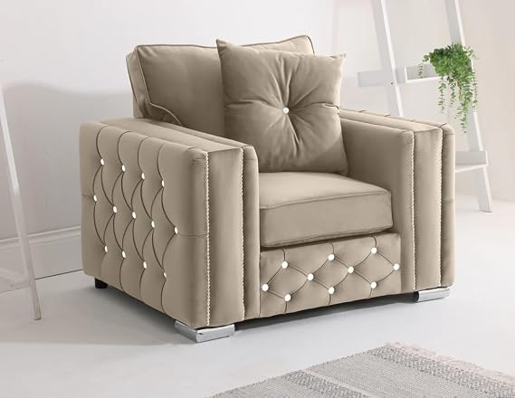 Sofahub Milano Cream Plush Velvet Sofa Set – Diamond Button Tufted Couch -Extra Cushions, Chrome Feet & Foam Seats | 2 Seater, 3 Seater, 3+2, Armchair, Corner & Footstool Options (Cream, Arm Chair)