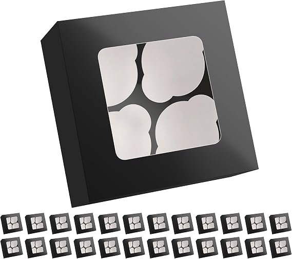 Cupcake Boxes, 4/6/8 Cupcake Containers with Window and Inserts, Cupcake Holders for Cupcakes, Muffins, Desserts, Pastries (Black-4 count)