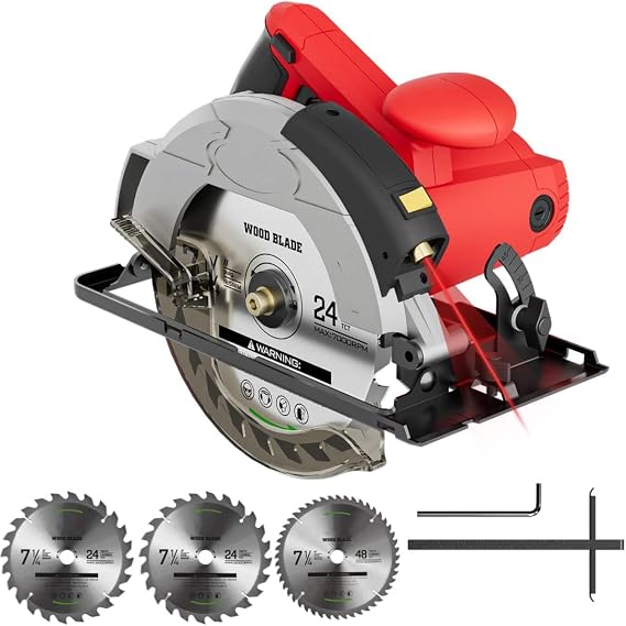 Circular Saw, 1500W Power Circular Saws with Laser Guide, 5500RPM Compact Circular Saw with 3 Saw Blades (24T+ 48T)7-1/4'', 0-45 Bevel Adjustment, Corded Electric Saw for Wood