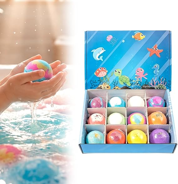 Ocean Toy Bath Salt Ball Sleeve Box Bath Bombs for Adult, Bath Bombs with Surprise Inside, 12-Pack Upgrade Easter Gifts Bubble Easter Basket Stuffers Easter Egg Fillers (Sea Animal 12Pcs)