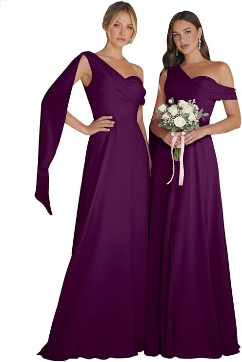 One Shoulder Bridesmaid Dresses for Women A Line Long Prom Dresses for Wedding 2026 Chiffon Formal Evening Gown