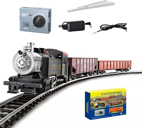 1/87 HO Scale Christmas Train Set, British Alloy Powered Steam Railway Model with 2 Carriage and Power Control Box, Gifts for Boys (Set A)