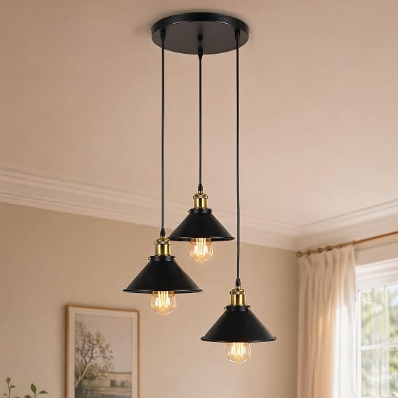 Emitto Black Ceiling Light, Industrial 3-Light Pendant Light Fitting, Metal Hanging Ceiling Lamp for Kitchen Bedroom Dining Room Hallway Entryway, Adjustable Height, E27 Base (No Bulbs) [Energy Class B]