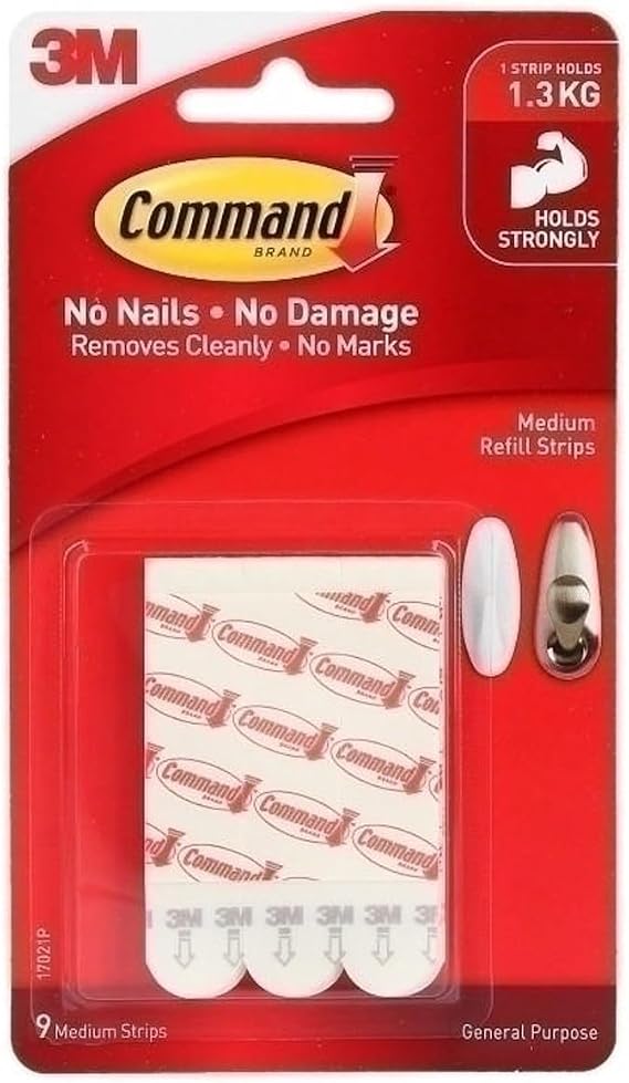 Command Medium Refill Replacement Strips, White, 9-Strips