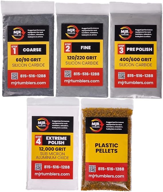 Rock Tumbler Grit Kit Refill with 12,000 Grit Polish, Silicon Carbide & Aluminum Oxide, Stone Polishing Kit with Plastic Pellets for 12lb Rotary & Vibratory Tumblers