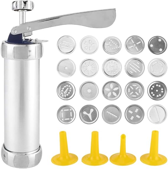 Cookie Press Gun Set, Aluminum Alloy Cookies Press Maker Kit Biscuits Maker Press Machine Bakeware with 20 Cookies 4 Nozzles Silver
