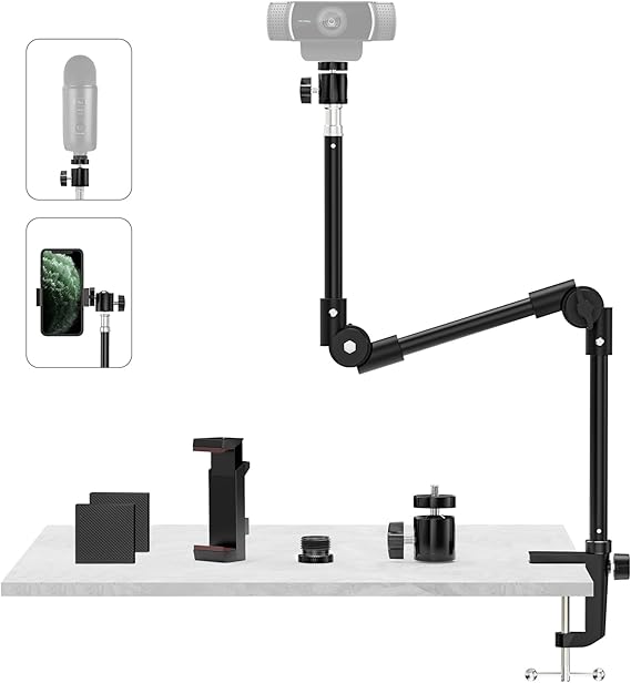 KDD Webcam Stand Camera Mount with Phone Holder & 5/8" Screw, 22in Flexible Projector Stand Gooseneck Desk Mic Stand for Logitech C922 C930e C920 C925e C615 C960 Brio 4K, Blue Yeti Snowball Ice