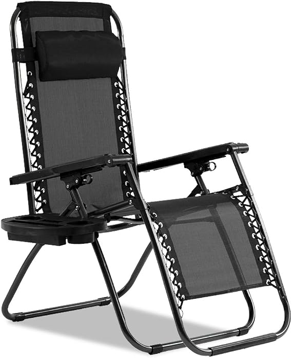 Heavy Duty Zero Gravity Lounge Chair - 350lbs Patio Recliner Pillow & Cup Holder, Adjustable Folding Outdoor Chaise for Pool, Beach, Deck (Black)