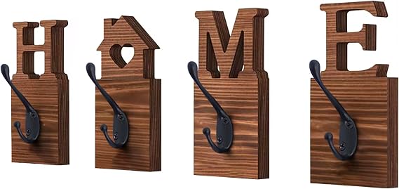 HOME SO Rustic Wood Coat Hooks, Wall Mounted Wooden Hangers, 4 Pack Home