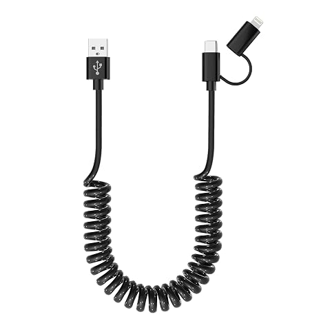 USB to USB-C and Lightning Cable Combo 2 in 1 Coiled Cable Apple Carplay & Android Auto [MFi & 3A Fast Charge & Data Sync] Coiled Lightning and USB C Cable for iPhone 18/17/16/15/14/13/12/Android
