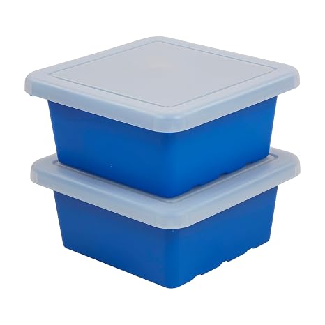 ECR4Kids Stackable Square Bins with Non-Snap Lids, Multipurpose Organization, Blue, 2-Pack