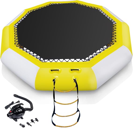 XHYCPY Inflatable Water Bouncer, 10FT/12FT Floating Rebounder w/Electric Pump, Rope Ladder, Kids & Adults Recreational Water Trampoline for Pool, Lake, Calm Sea