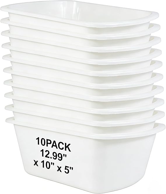 10 Pack Wash Basins 7 Quart Rectangular Plastic Tubs White