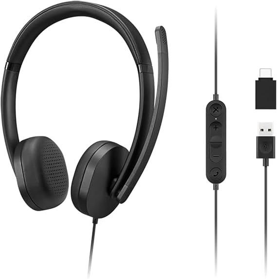 Lenovo 115 USB-A/USB-C Wired Stereo Headset Lightweight, Noise-Cancelling, in-Line Control Box, USB-A to USB-C Adapter, Over-Ear Design, Headset with Mic for PC and Laptop, Black
