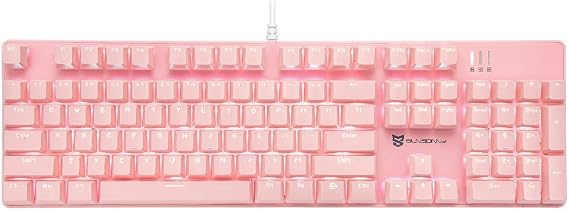 Qisan Mechanical Gaming Keyboard Wired White Backlit Keyboard Blue Switches Full Size 104 Keys US Layout-Pink