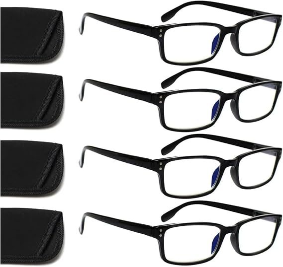 Kerecsen 4 Pack Reading Glasses for Men and Women with Spring Hinges - Black Designer Style Rectangular Readers