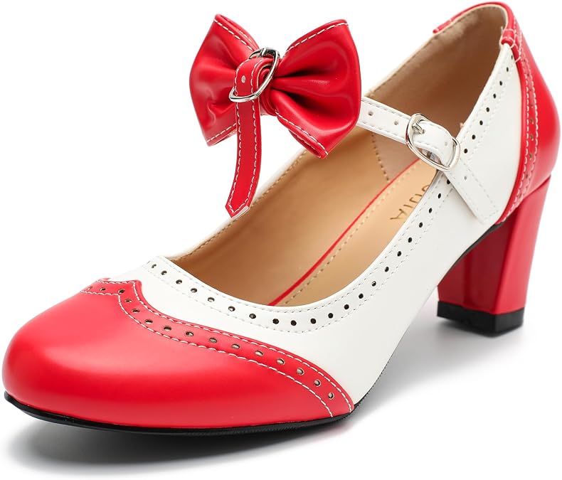 LIURUIJIA Women's Vintage Bow Mary Jane Pumps Chunky Heel Dress Shoes