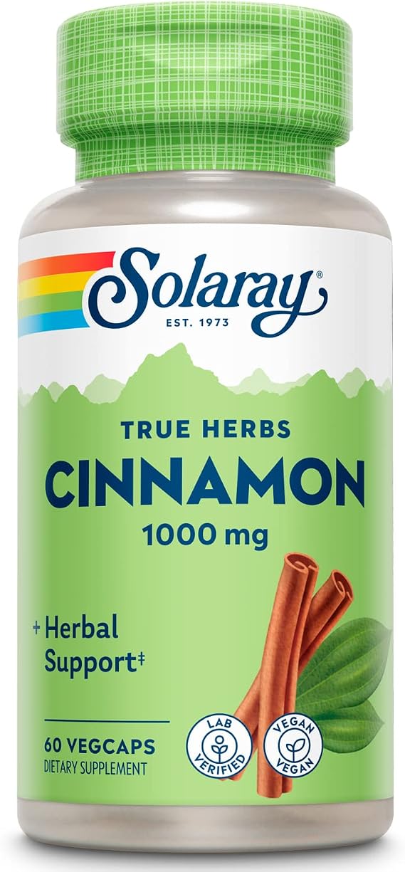 SOLARAY True Herbs Cinnamon Bark 1000mg - Ground Cinnamon Supplements - Herbal Support for Overall Wellness - Non-GMO Project Verified - Vegan Capsules, 30 Servings, 60 VegCaps