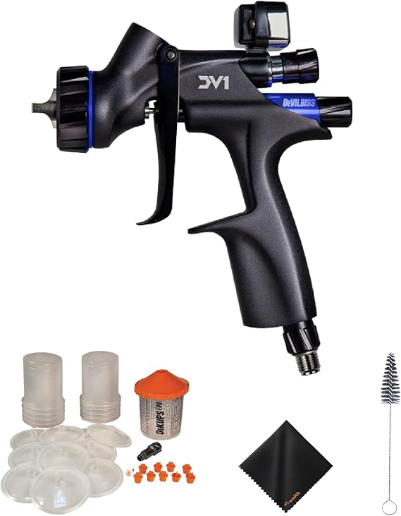 Devilbiss 704504 DV1 Basecoat Spray Gun w/DV1-B PLUS HVLP Air Cap - Automotive Paint Gun with (DPV-24-DEMO) EVO 24 oz DeKups, (DPC-44) 13in Cup Cleaning Brush and Microfiber Cleaning Cloth, Bundle Kit