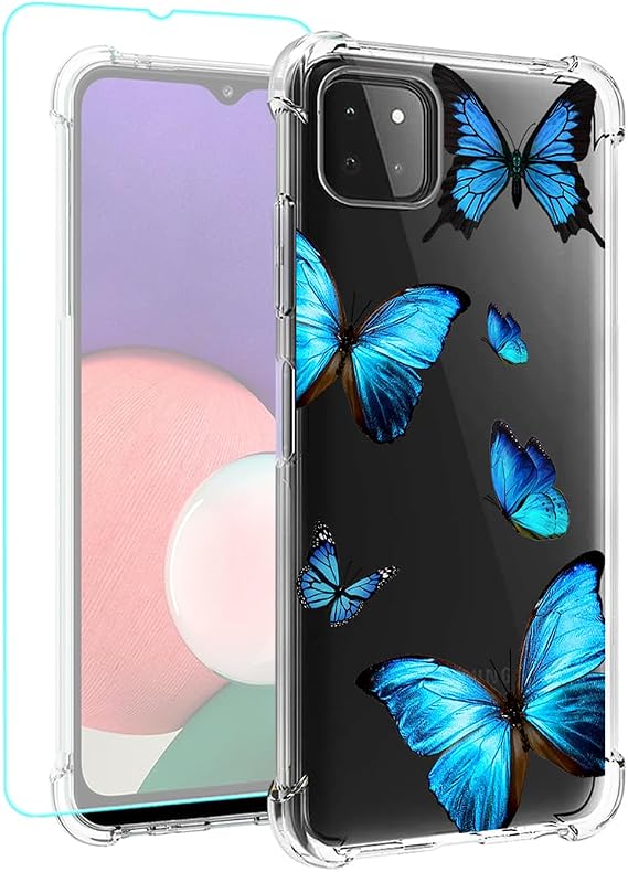 Clear Case Compatible with Galaxy A22 5G (Not fit A22 4G) Case with Tempered Glass Screen Protector, Cute TPU Protective Phone Case Cover for Samsung Galaxy A22 5G (Blue Butterfly)