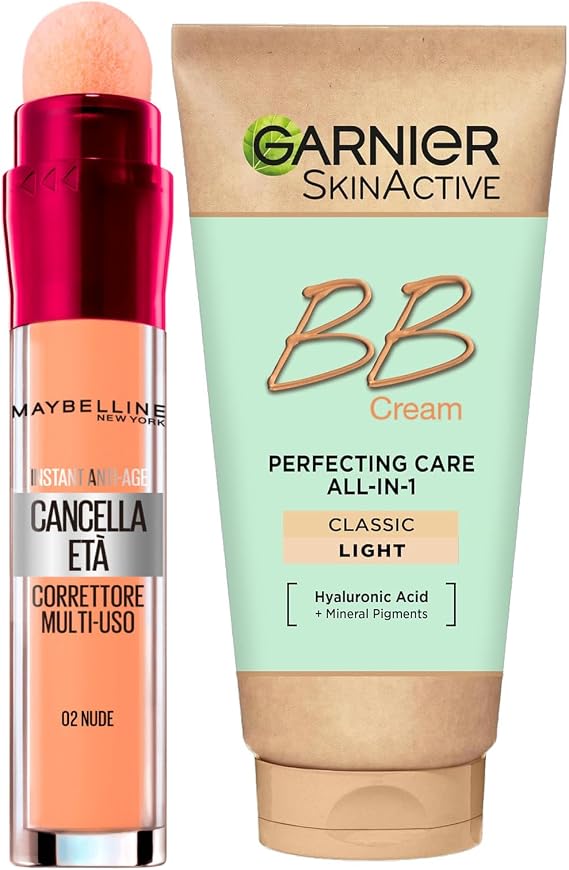 Garnier Skinactive BB Cream Moisturizing Perfecting Face Cream All in 1 SPF25 Medium-Light Tone + Multi-Purpose Anti-Aging Liquid Concealer Color 02 Nude with Sponge Applicator
