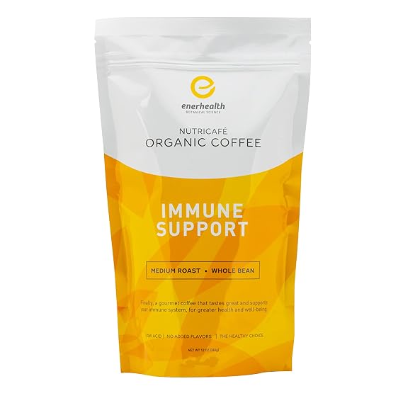 Enerhealth Botanicals NutriCafe Immune Support Fairly Traded, Low Acid, Medium Roast Whole Arabica Bean Coffee, Infused with 6 Organic Mushroom Extracts to Boost Immunity 12 oz