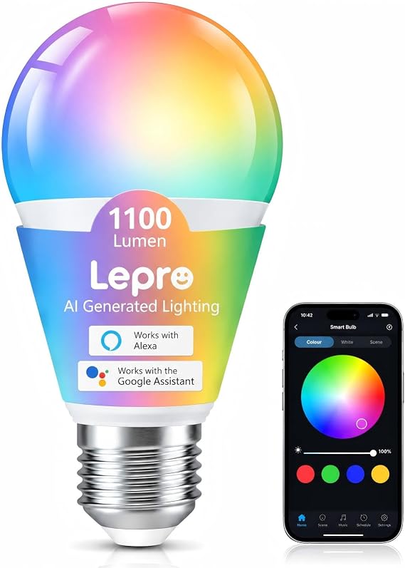 Lepro E27 Smart Bulb 10W, 1100lm 75W Equiv, Tunable White, RGB AI Lighting [Energy Class E]