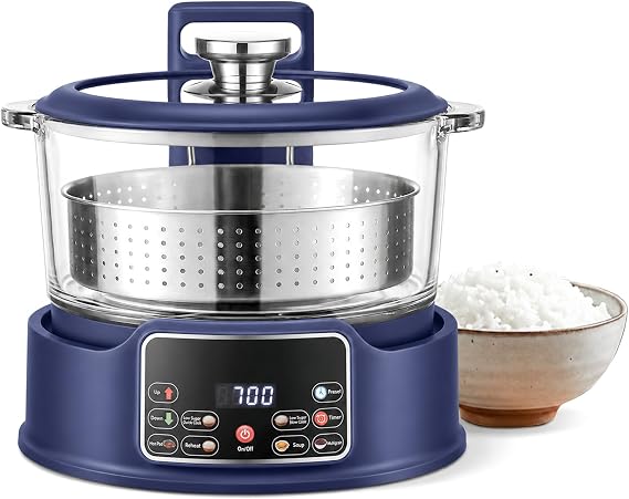 Low Sugar Rice Cooker - Multifunctional Low Carb Rice Cooke r with Auto-Lift Basket, Preset &Timer, Smart Glass Rice Cooker with Steaming, Boiling and Hotpot in One (Blue 3L)