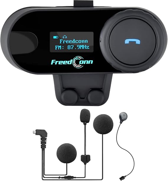 QSPORTPEAK Motorcycle Helmet Bluetooth Intercom Kit, Motorbike Helmet Intercom Interphone Headset for 2 or 3 Riders, LCD Screen/FM Radio/Mobile Phone/MP3/GPS Connective/Range 800m/Handsfree (1 Pack)