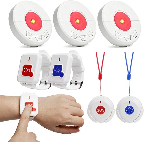 Caregiver Pager Alert Button for Seniors at Home Medical Alert that Calls Family for Home / Elderly / Patient / Disabled 3 Plugin Receiver + 4 Emergency Button for Elderly
