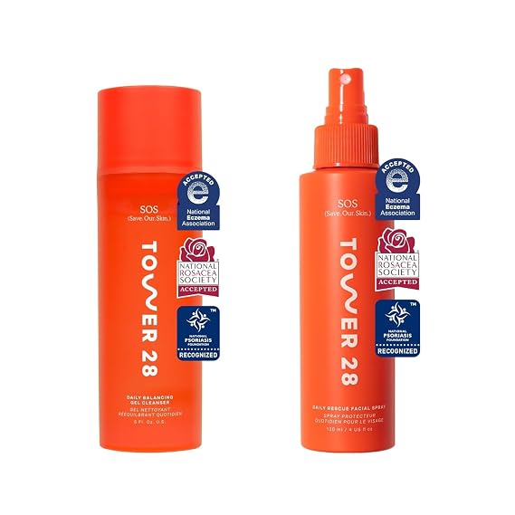 Tower 28 SOS Skin Care Set - Facial Spray (4 Oz) + Balancing Gel Cleanser (150 ML) - Hypochlorous Acid Spray to Calm Irritation + Redness + Soothing Face Wash for Sensitive Skin (2 Count)