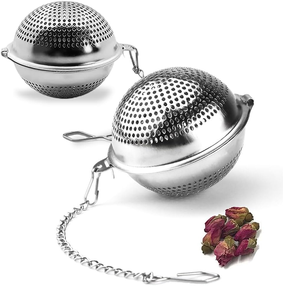 Aienio 2PCS Tea Strainer Balls with Chains - 304 Stainless Steel Tea Infuser 4.5cm Tea Ball Reusable Flavours Strainers for Loose Leaf Tea, Herbs, Spices, Teapot, Cup, Mug(Dishwasher-Safe, Sliver)